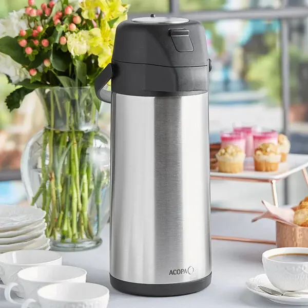 Acopa 3-Liter Stainless Steel Vacuum Airpot With Push-Button Dispenser 1