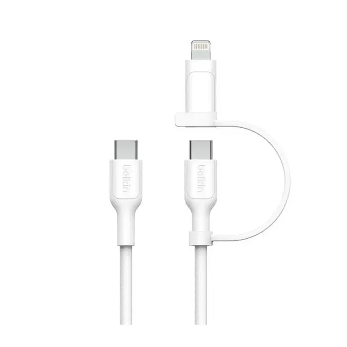 Belkin Boost Charge 2-In-1 Usb-C Cable With Lightning Adapter – 1.5M Braided, White, Space-Saving Solution 1