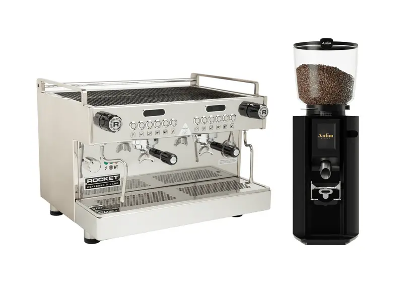 Commercial Dual-Group Espresso Bundle: Rocket Boxer Timer Evo + Anfim Luna Grinder 1