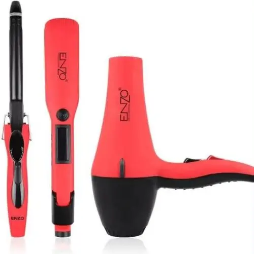 Enzo 3-In-1 Hair Styling Set – Dryer, Straightener & Curler Combo, Red 1