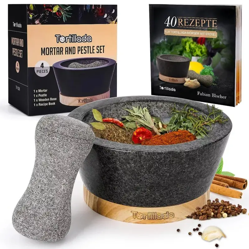 Granite Mortar And Pestle Set With Wooden Stand 1