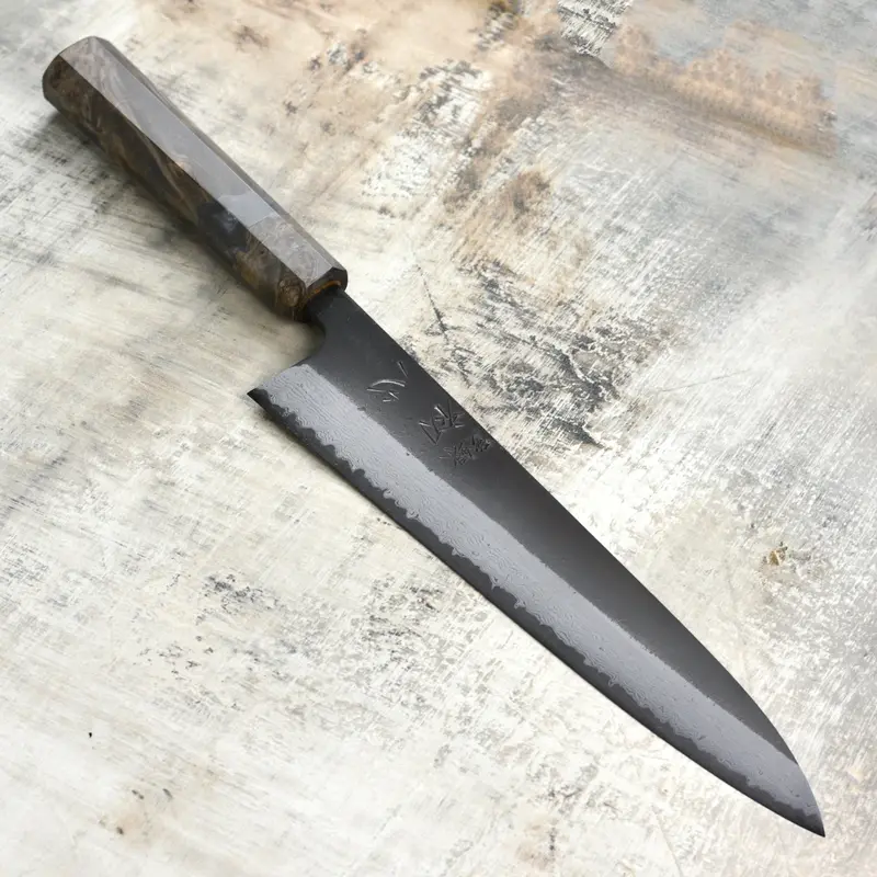 Hatsukokoro Shinkiro Aogami Super Gyuto – 9.4-Inch Kurouchi Damascus Blade On Stabilized Birch 1