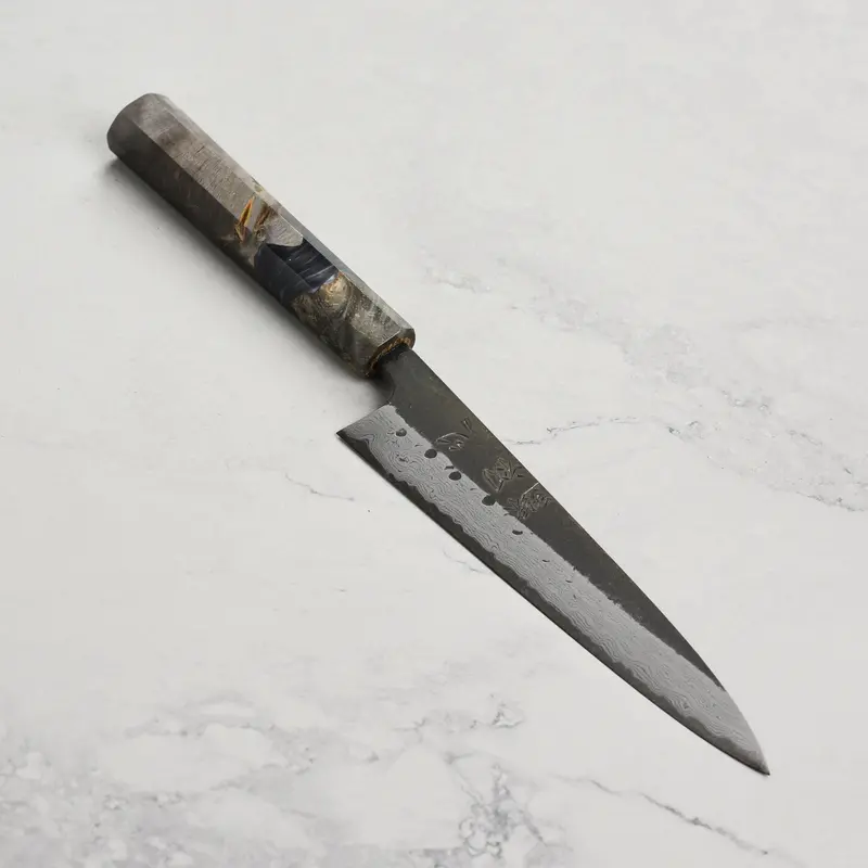 Hatsukokoro Shinkiro Petty Knife – 5.9" Aogami Super Kurouchi Damascus, Stabilized Birch Handle 1
