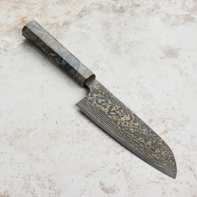 Saji Black Gold Damascus Santoku – 6.5" Traditional Japanese Utility Knife, Birch Handle 1