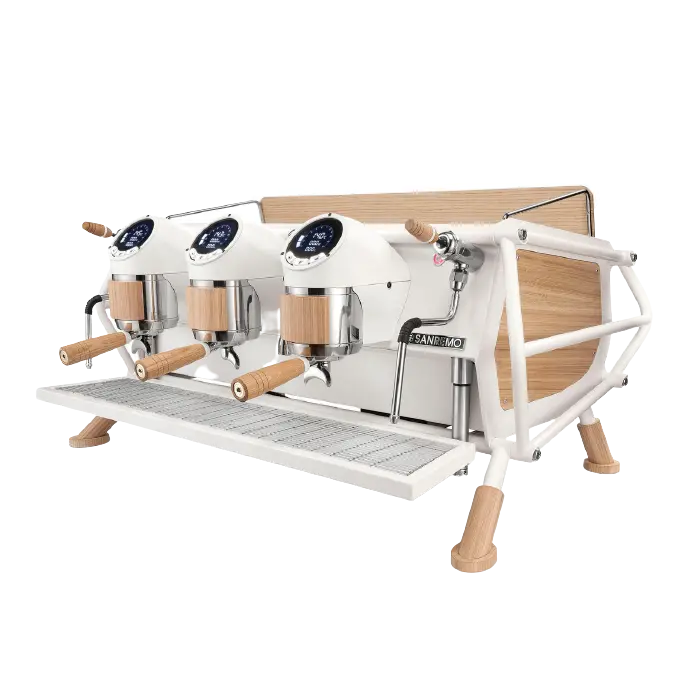 Sanremo Cafe Racer Triple-Group Automatic Espresso Machine – White & Wood Finish 1