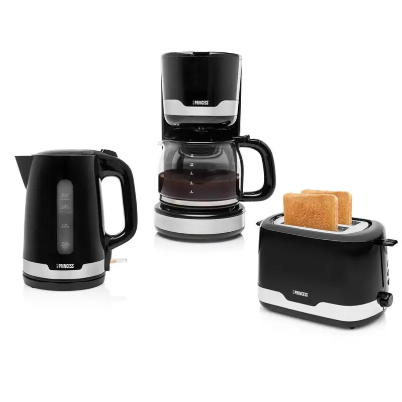 Stainless Steel Breakfast Set – Matching Toaster & Kettle Combo, Brushed Metal Finish, Black Accents 1