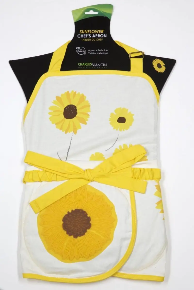 Sunflower-Print Apron With Integrated Heat-Resistant Silicone Pot Holder 1
