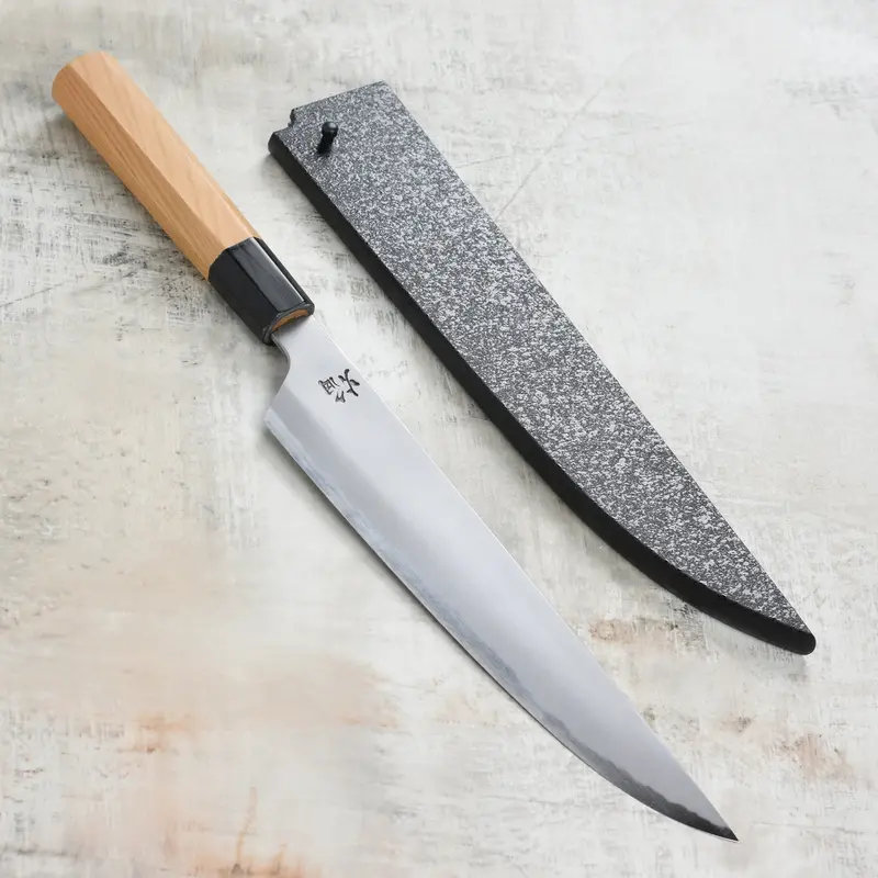 Takayuki X Itsuo Doi Homura Aogami #2 Sujihiki – 9.4 Inch Damascus Slicing Knife With Saya 1