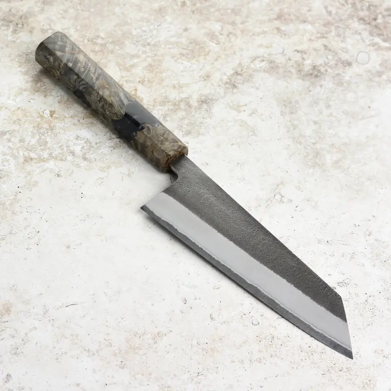 Yoshikane Bunka Knife – 6.5" Shirogami #2 Kurouchi, Stainless-Clad, Stabilized Birch Handle 1