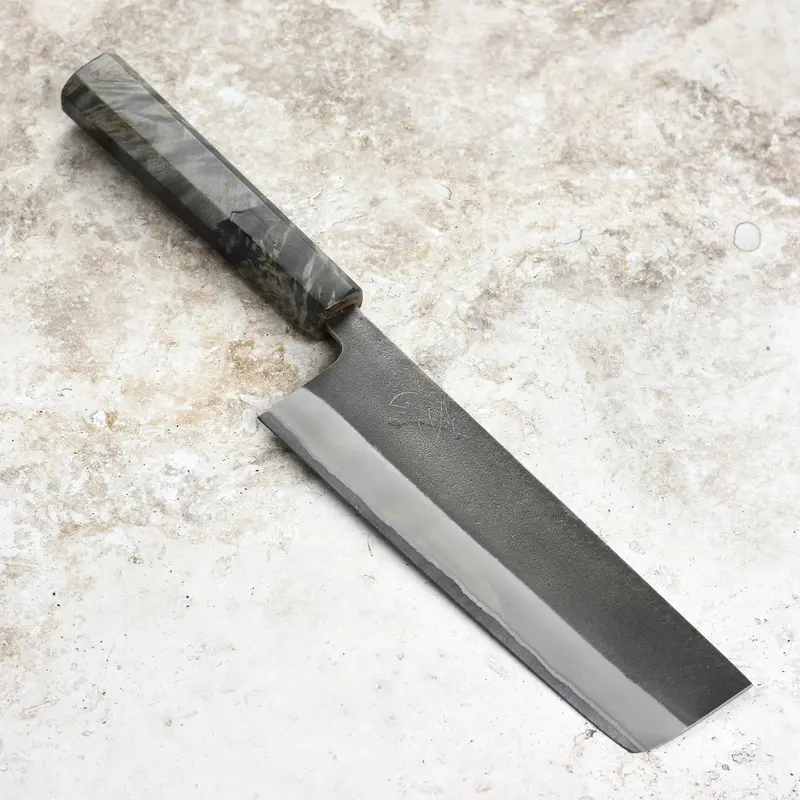 Yoshikane Nakiri Knife – 6.5" Shirogami #2 Kurouchi, Stainless-Clad, Birch Handle 1