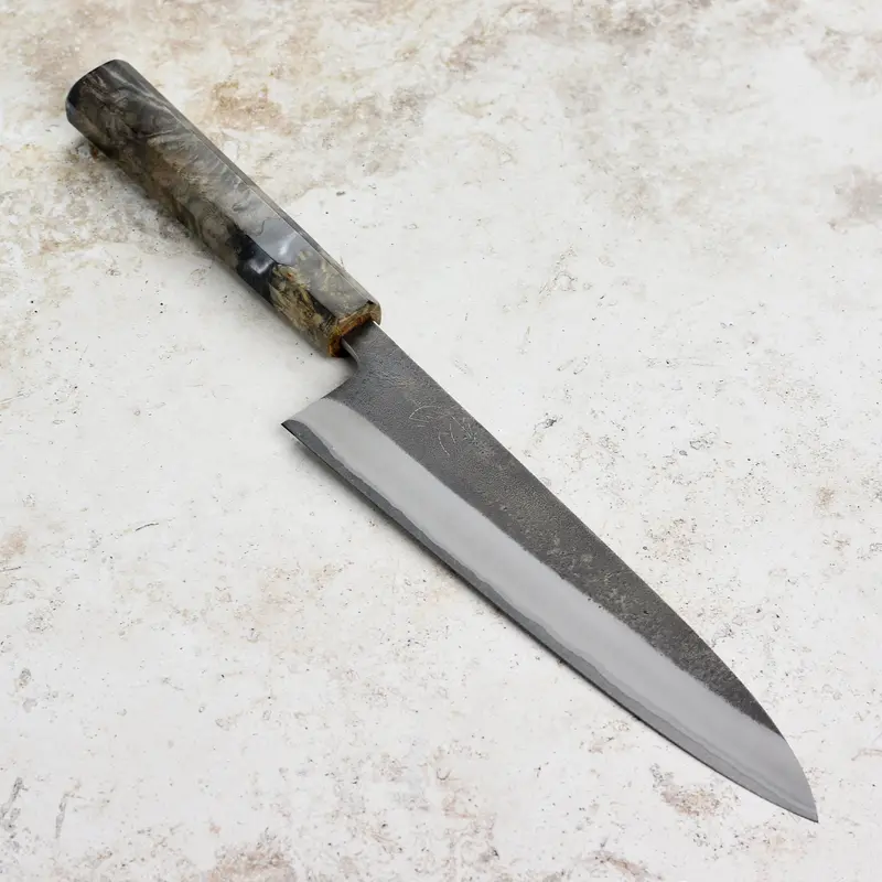 Yoshikane Shirogami #2 Kurouchi Gyuto Knife – 8.25" Stainless-Clad Blade, Stabilized Birch Handle 1