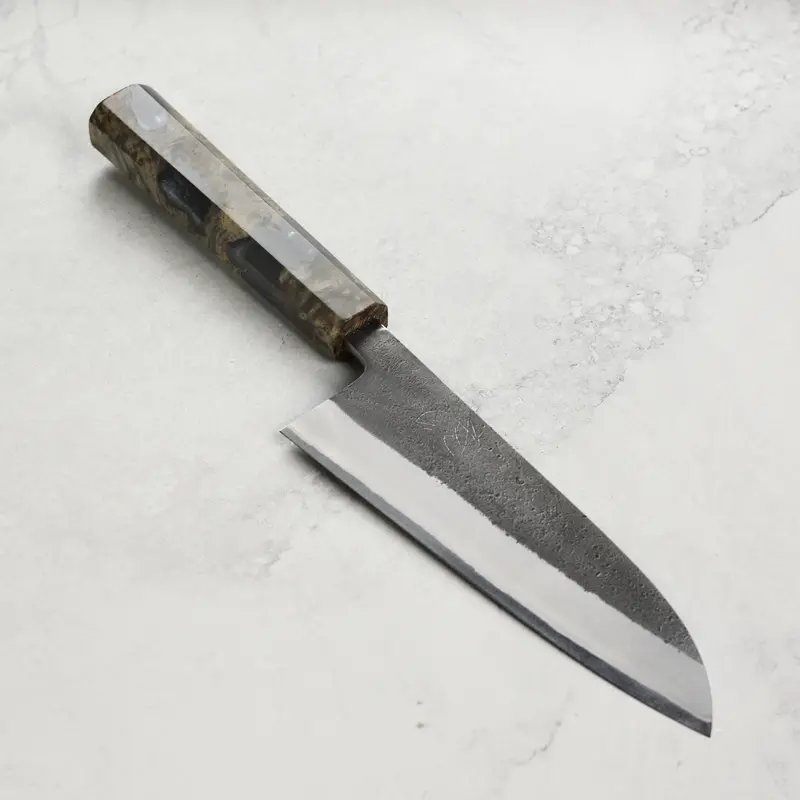 Yoshikane Shirogami #2 Santoku – 6.5-Inch Carbon-Steel Clad Blade With Kurouchi Finish 1